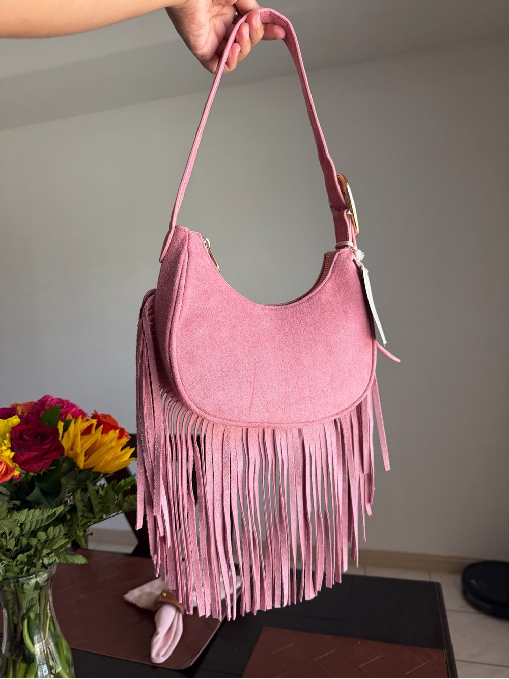 Pink Suede Fringe Shoulder Bag - Picture 6 of 7
